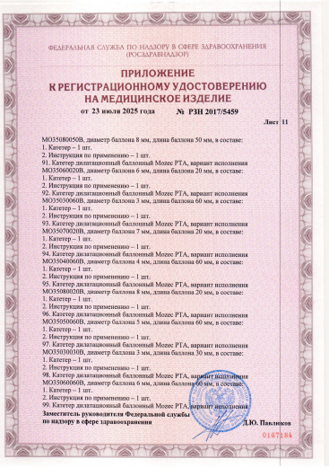 Пример регистрационного удостоверение на медизделия: катетер дилатационный баллонный mozec pta