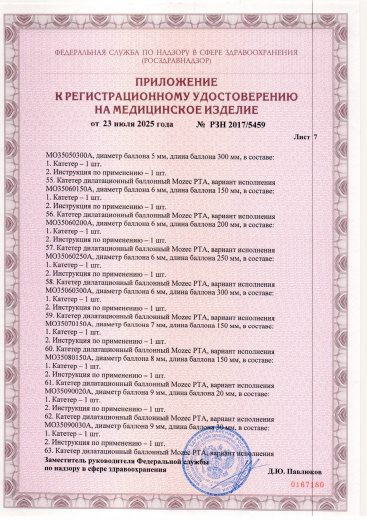 Пример регистрационного удостоверение на медизделия: катетер дилатационный баллонный mozec pta