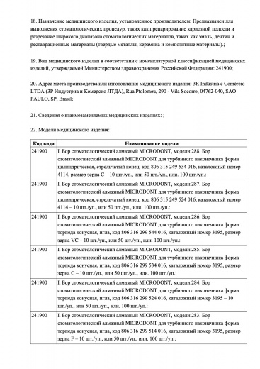 Пример регистрационного удостоверение на медизделия: бор стоматологический алмазный microdont