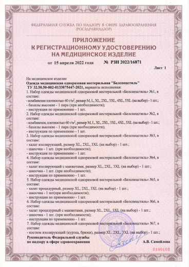 Пример регистрационного удостоверение на медизделия: одежда медицинская одноразовая нестерильная "белспецстиль"