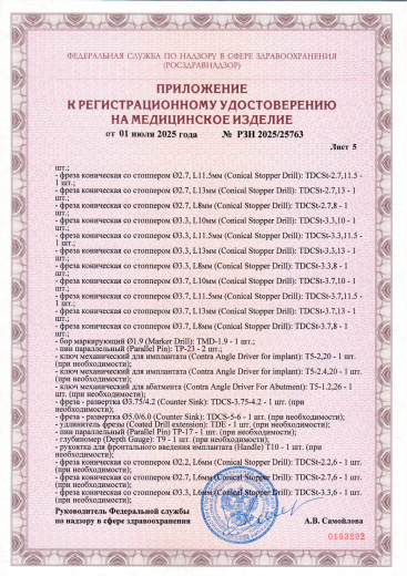 Пример регистрационного удостоверение на медизделия: набор инструментов для установки стоматологических имплантатов a.b. dental