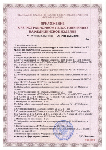 Пример регистрационного удостоверение на медизделия: набор медицинской мебели "бт-мебель"