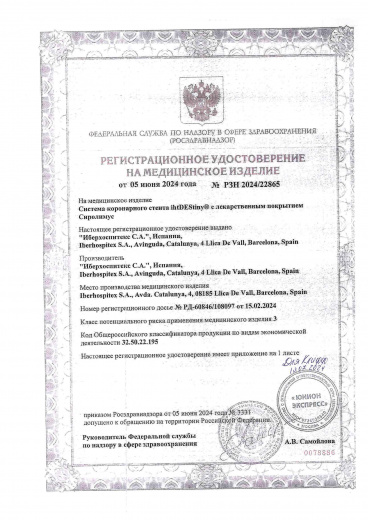 Пример регистрационного удостоверение на медизделия: система коронарного стента ihtdestiny