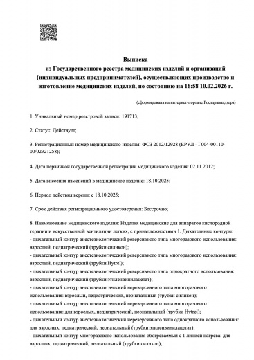 Пример регистрационного удостоверение на медизделия: изделия для аппаратов кислородной терапии и искусственной вентиляции легких