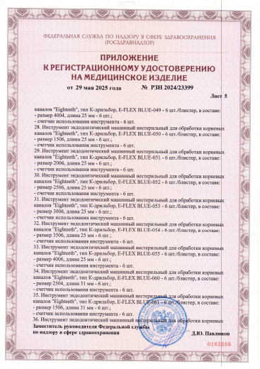 Пример регистрационного удостоверение на медизделия: инструмент эндодонтический машинный нестерильный "eighteeth"